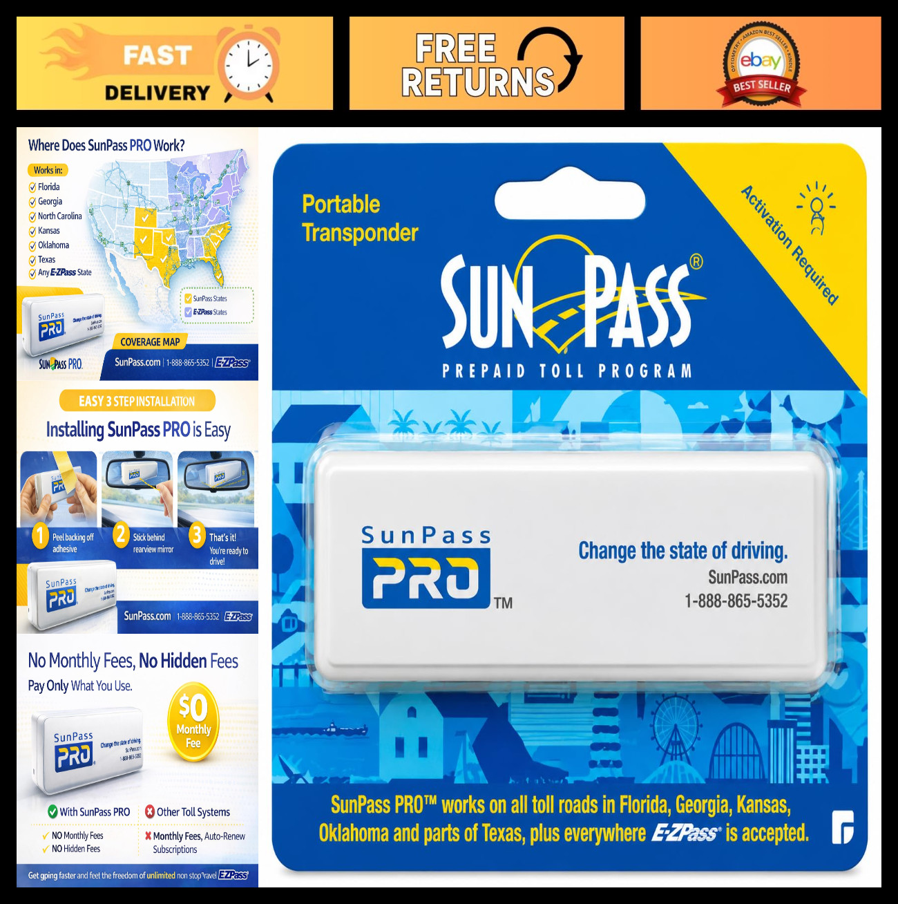 Portable Toll Pass - SunPass PRO Transponder for Florida & 21 States | E-ZPass C