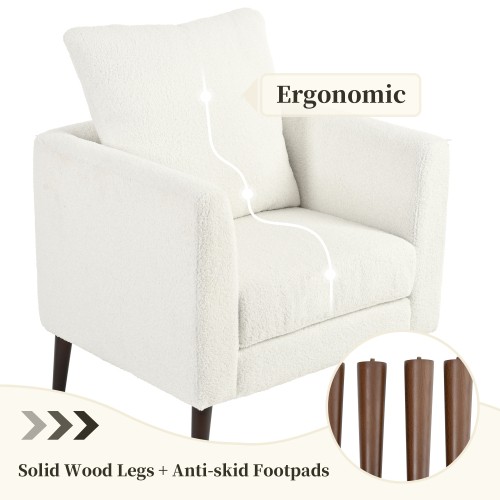 White Teddy Fabric Upholstered Club Chair Solid Wood Legs Lumbar Pillow Single