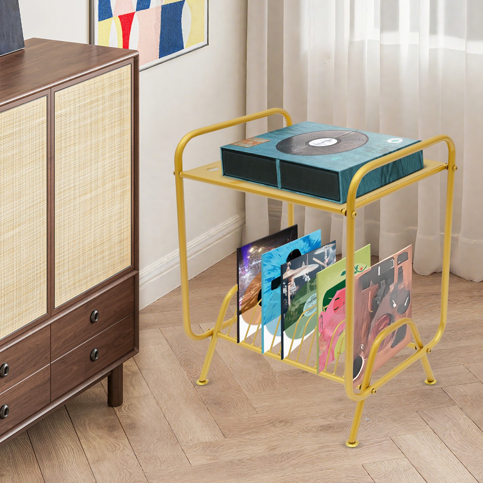 2-Tier Gold Record Player Stand, Player Stand w/16 Slots, Record Storage Stand