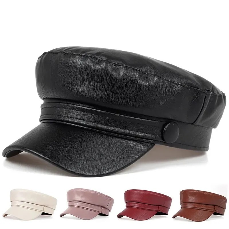 BurgundyFaux Leather Newsboy Cap Women Baker Boy Captain Hat Sailor Peaked Visor