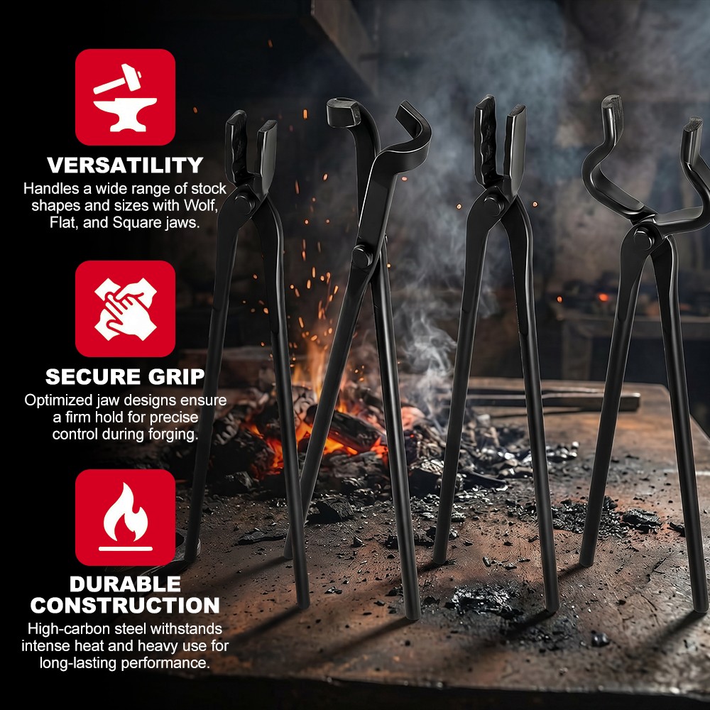 Pack of 4 Blacksmith Tongs Heavy Duty for Bladesmithing and Blacksmithing Tools