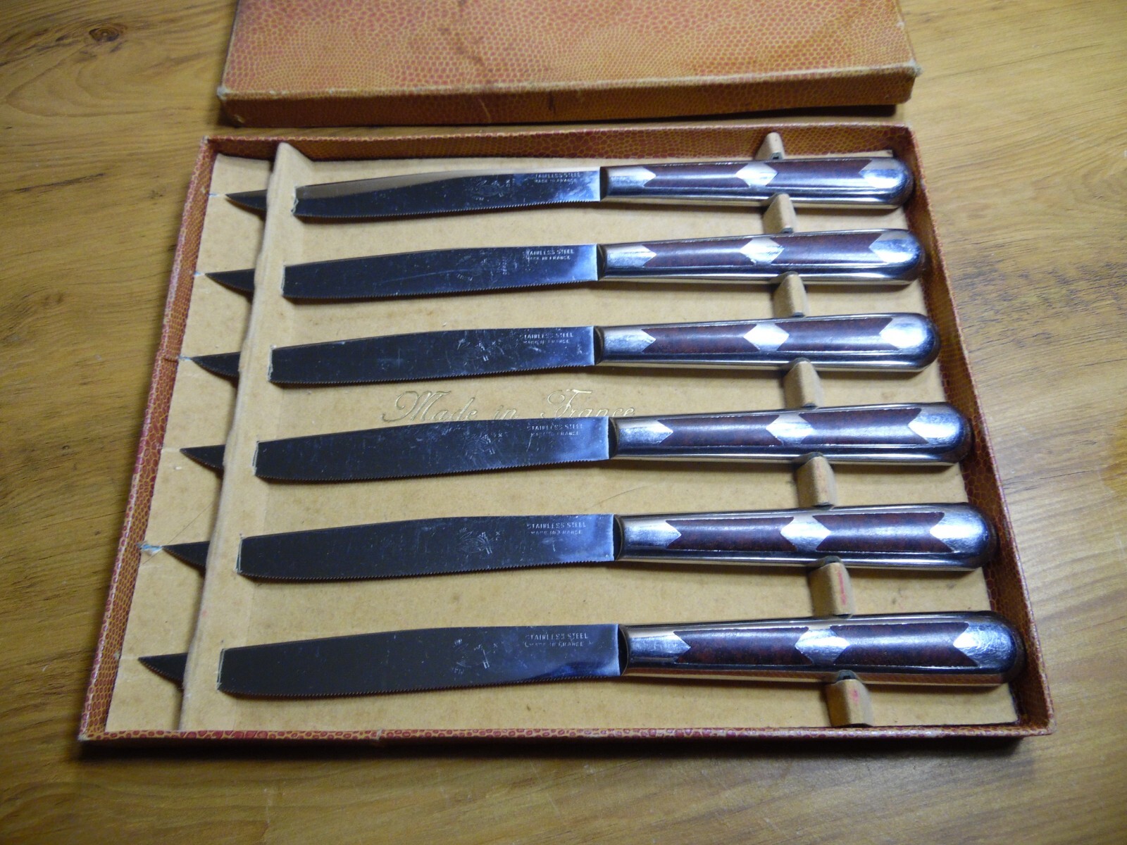 Vintage Art Deco Set 6 MARTIN PECHEUR Inlaid Stainless Steak Knives from France