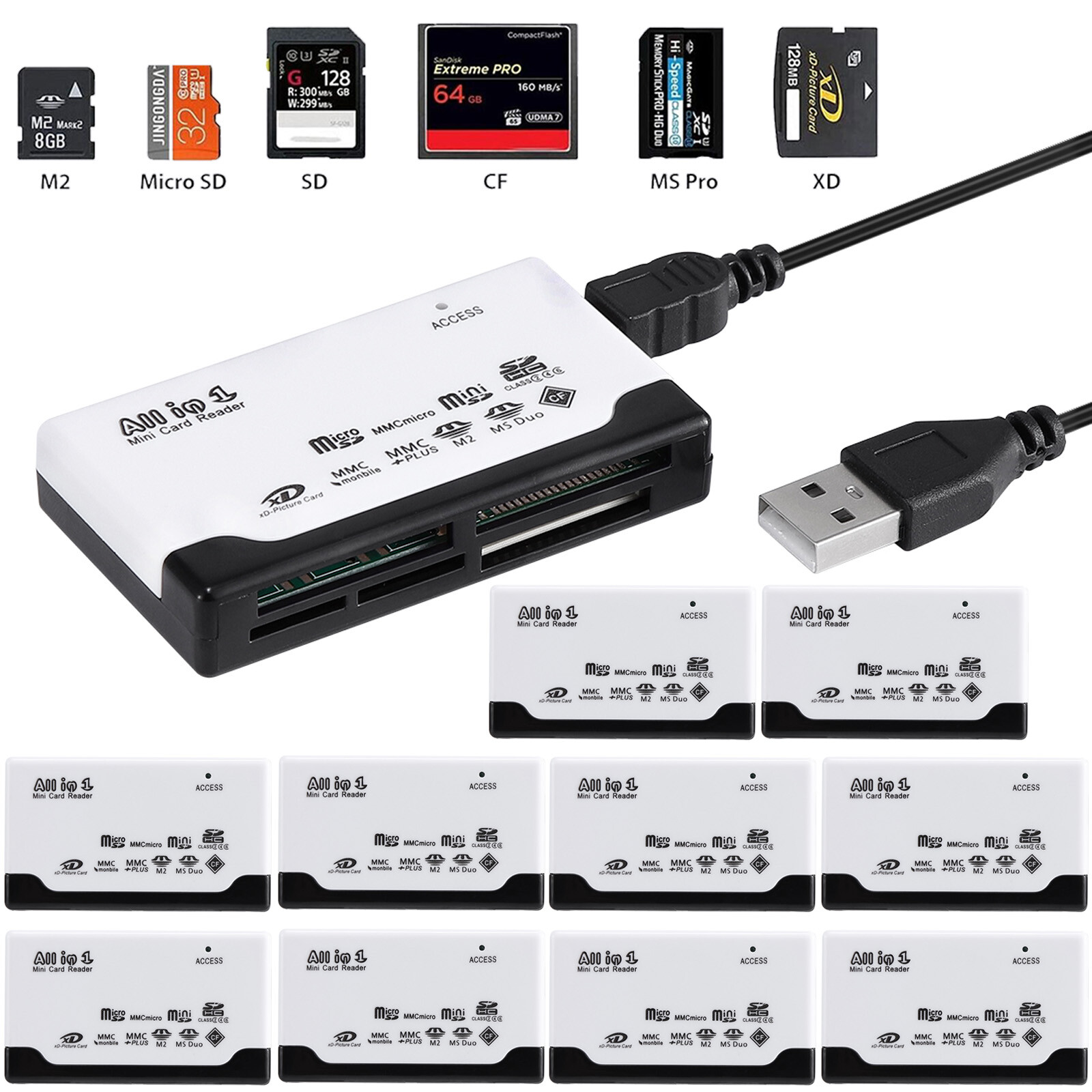 6-IN-1 Memory Card Reader USB 2.0 High Speed for SD/Micro SD/CF/XD/MS Pro/M2 Lot