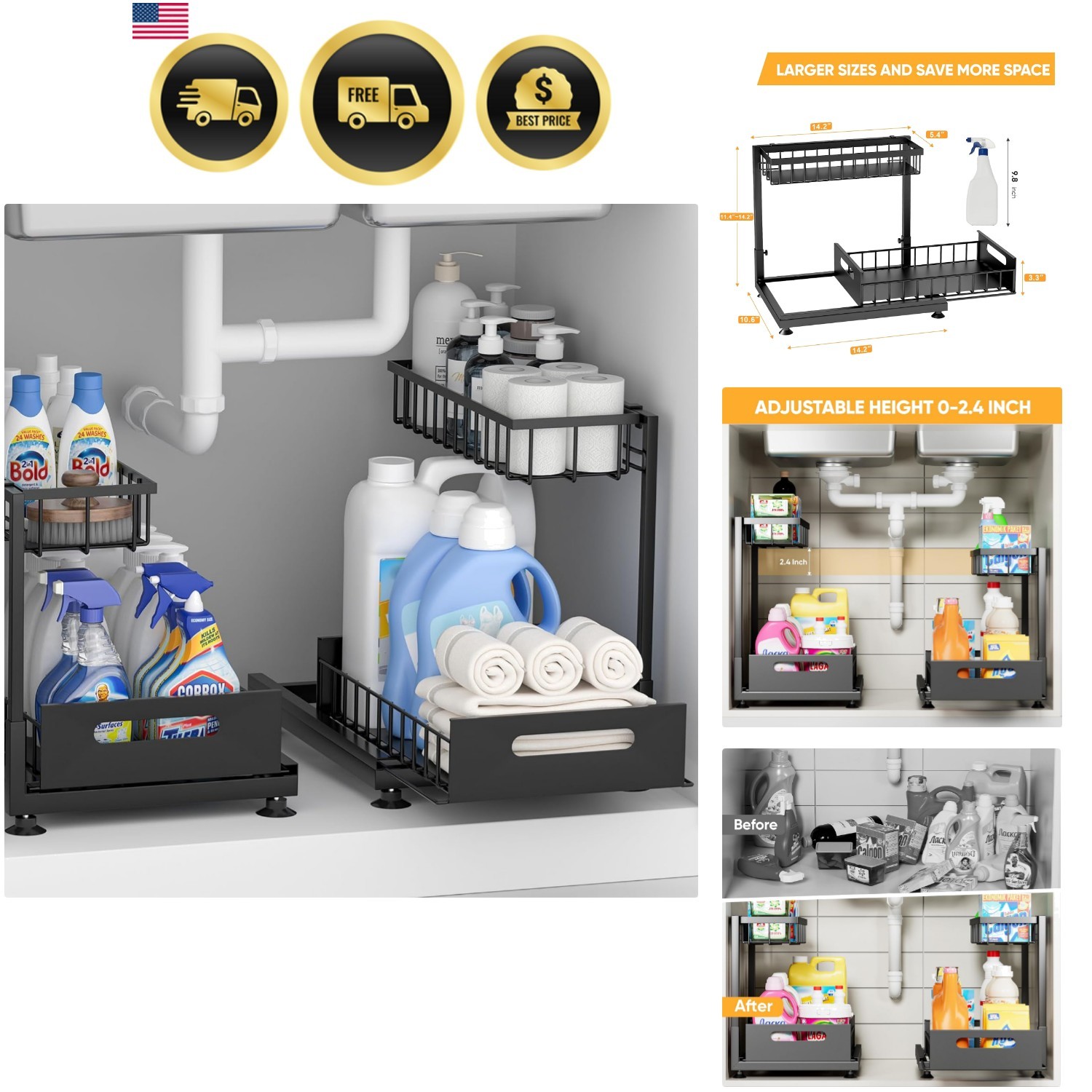 Under Sink Storage Organizer Two Tier Metal Pull Out Shelf Cabinet Rack Black...