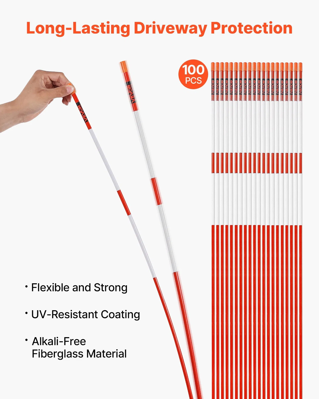 Driveway Markers, 100Pcs 72 in Long 5/16 in Dia, Hi-Visibility Driveway Reflecto