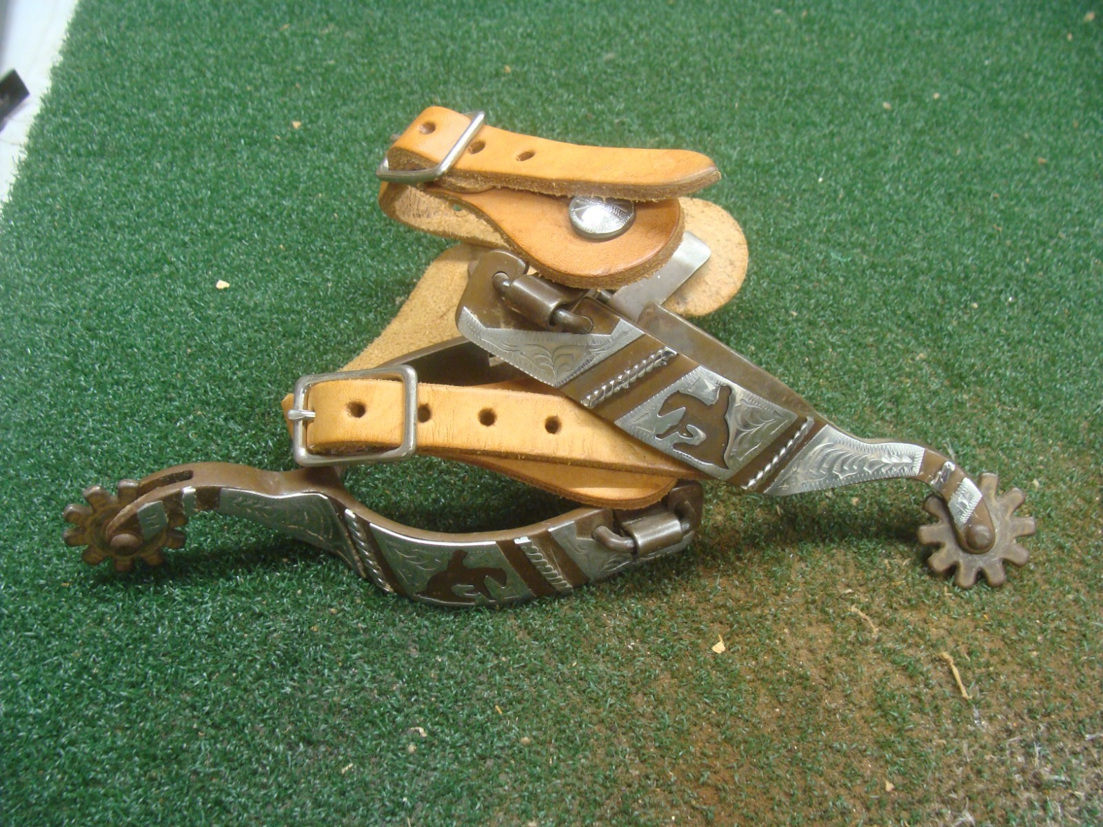 FG Francois Gauthier Engraved Spurs & Leather Straps with Silver metal overlay