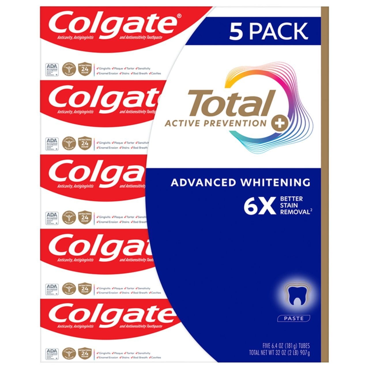 Colgate Total Active Prevention Plus Advanced Whitening Toothpaste, 6.4 oz, 5-p