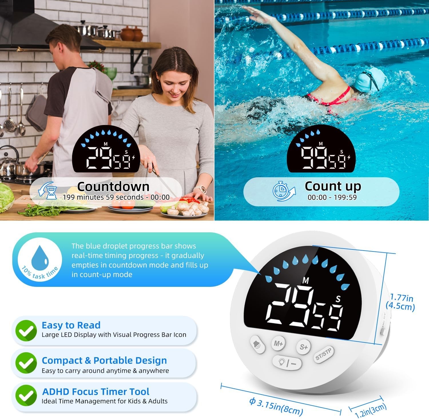 Waterproof Shower Countdown Timer: Large LED Display, ADHD Tool for Kids Adults,