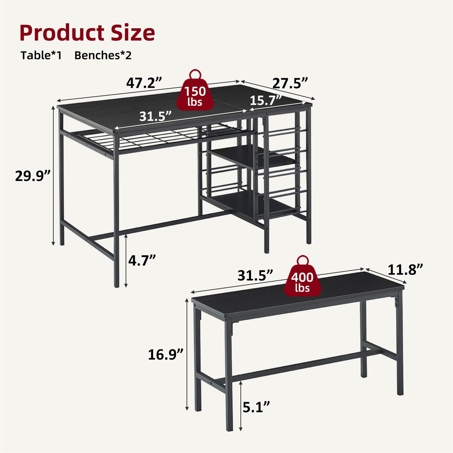 Dining Table Set for 4 3 Pieces Kitchen Table Set W/2 Benches Wine Rack 2-Tier
