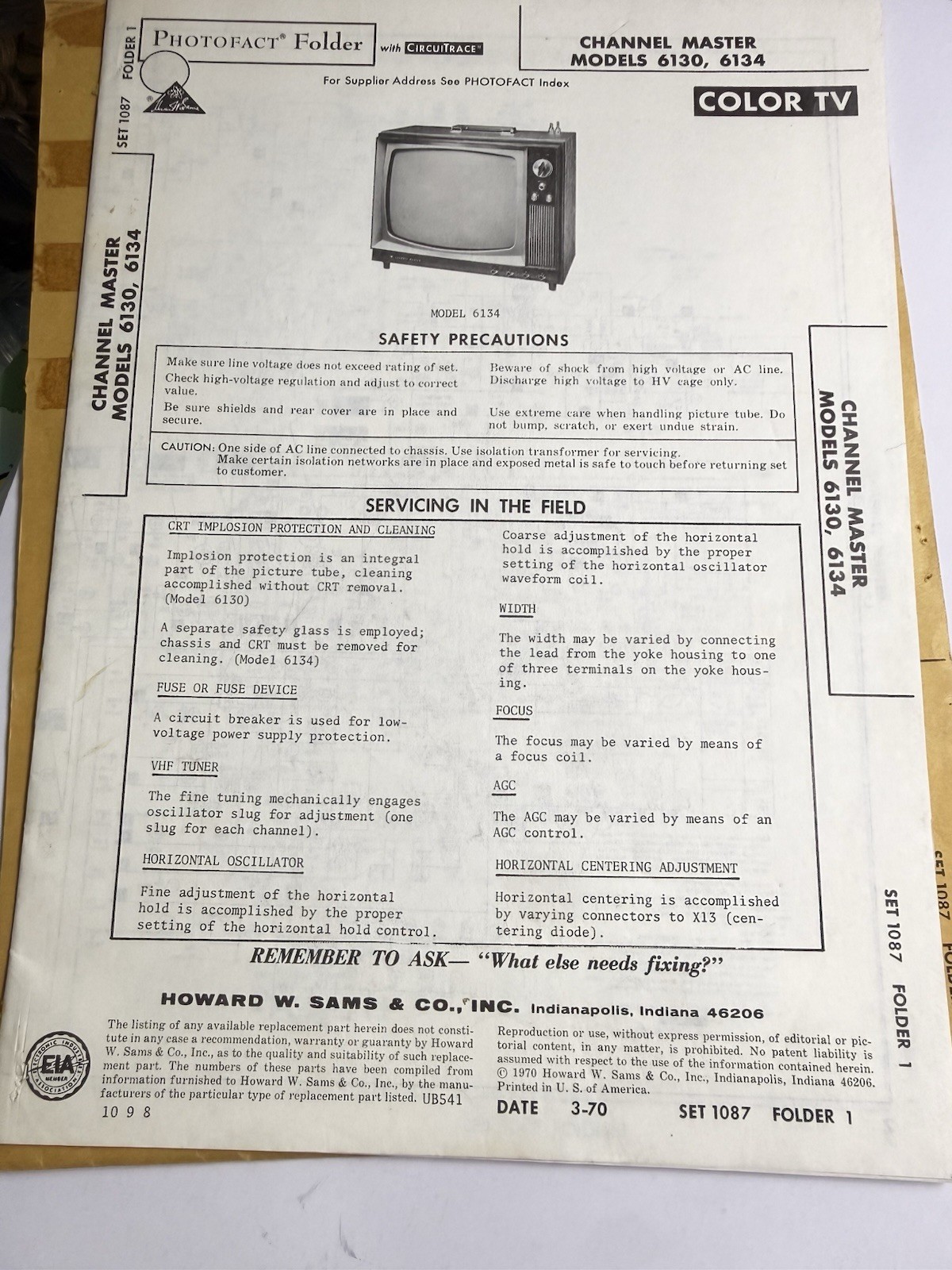 Vintage 1970 Sams Photofact Folder SET 1087 Channel Master 6130 6134 Color TV