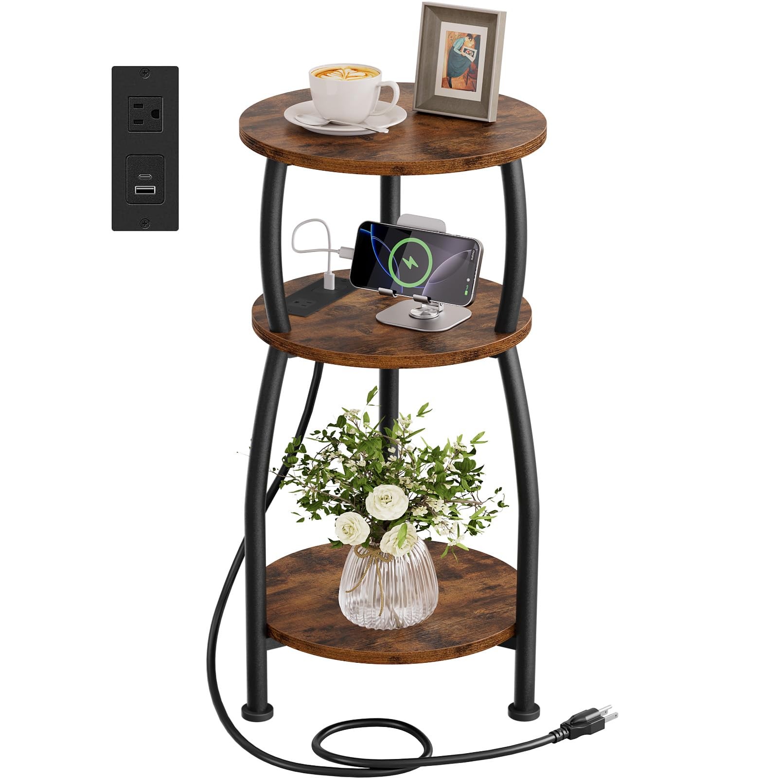 Round Side Table with Power Outlet & USB Ports, 3-Tier End Table with Storage...