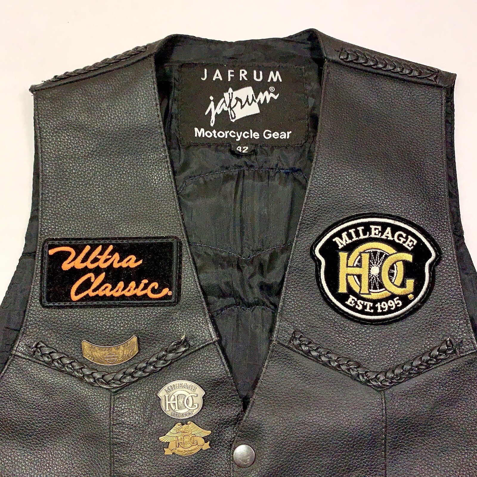 Jafrum Motorcycle Gear Harley Davidson Pins Patches Leather Biker Vest Size 42