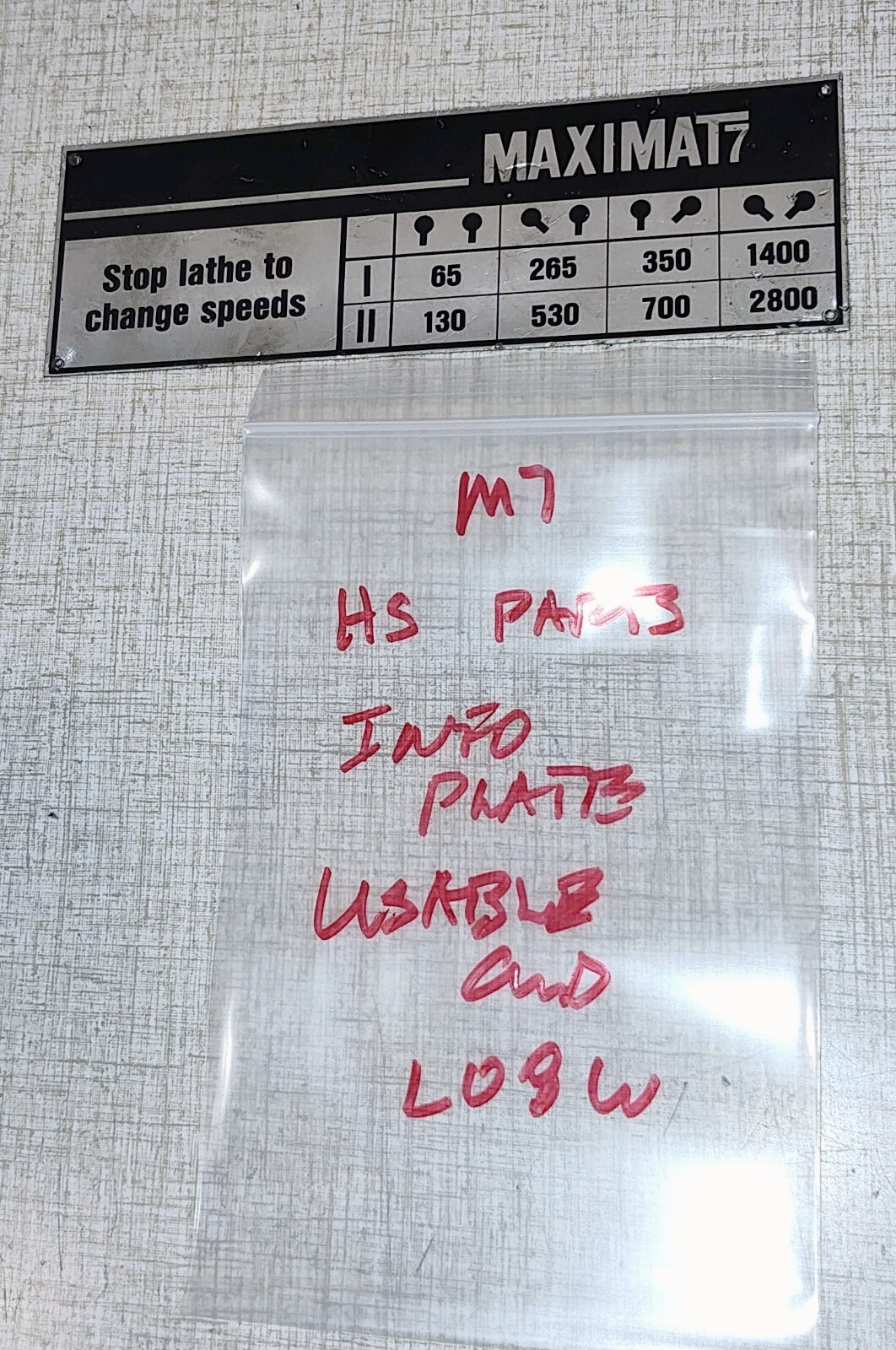 Emco Maximat 7 Lathe Headstock Parts: Speed Info Label L08W