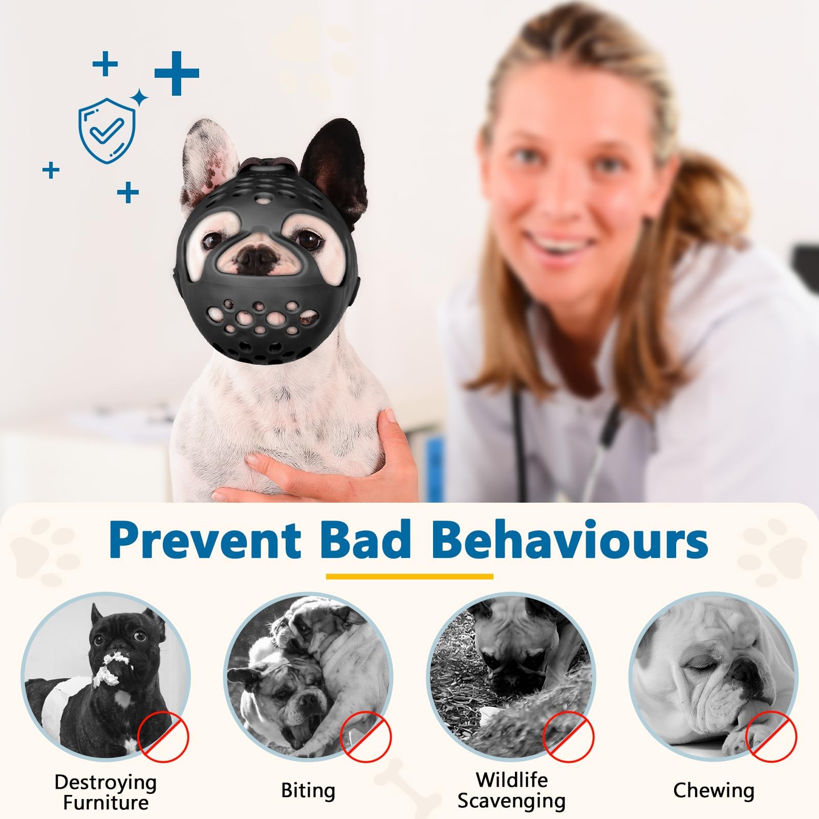 BARKLESS Short Snout Dog Muzzle, Soft Silicone Flat M（Head 15-16½"）, Black
