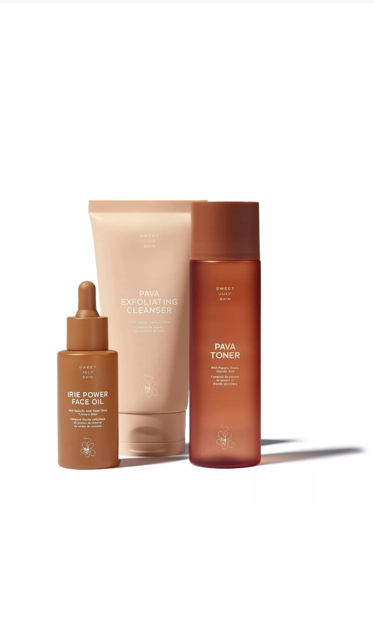 SWEET JULY SKIN 3 PC Full Size Set - Pava Cleanser & Toner, Irie Power Face Oil