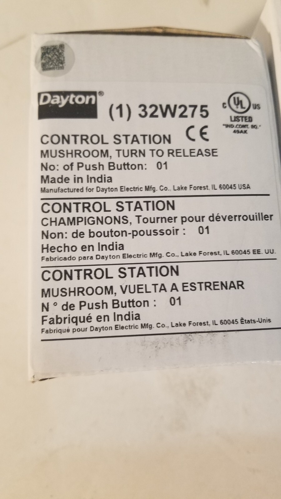 Dayton 32W275 Push Button Cntrol Station,1Nc,Stop,22Mm