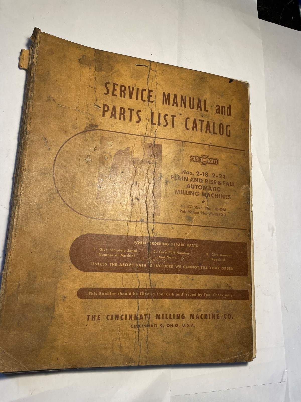 Cincinnati 2-18 & 2-24 Plain, Rise & fall Mills  Service Manual & Parts List