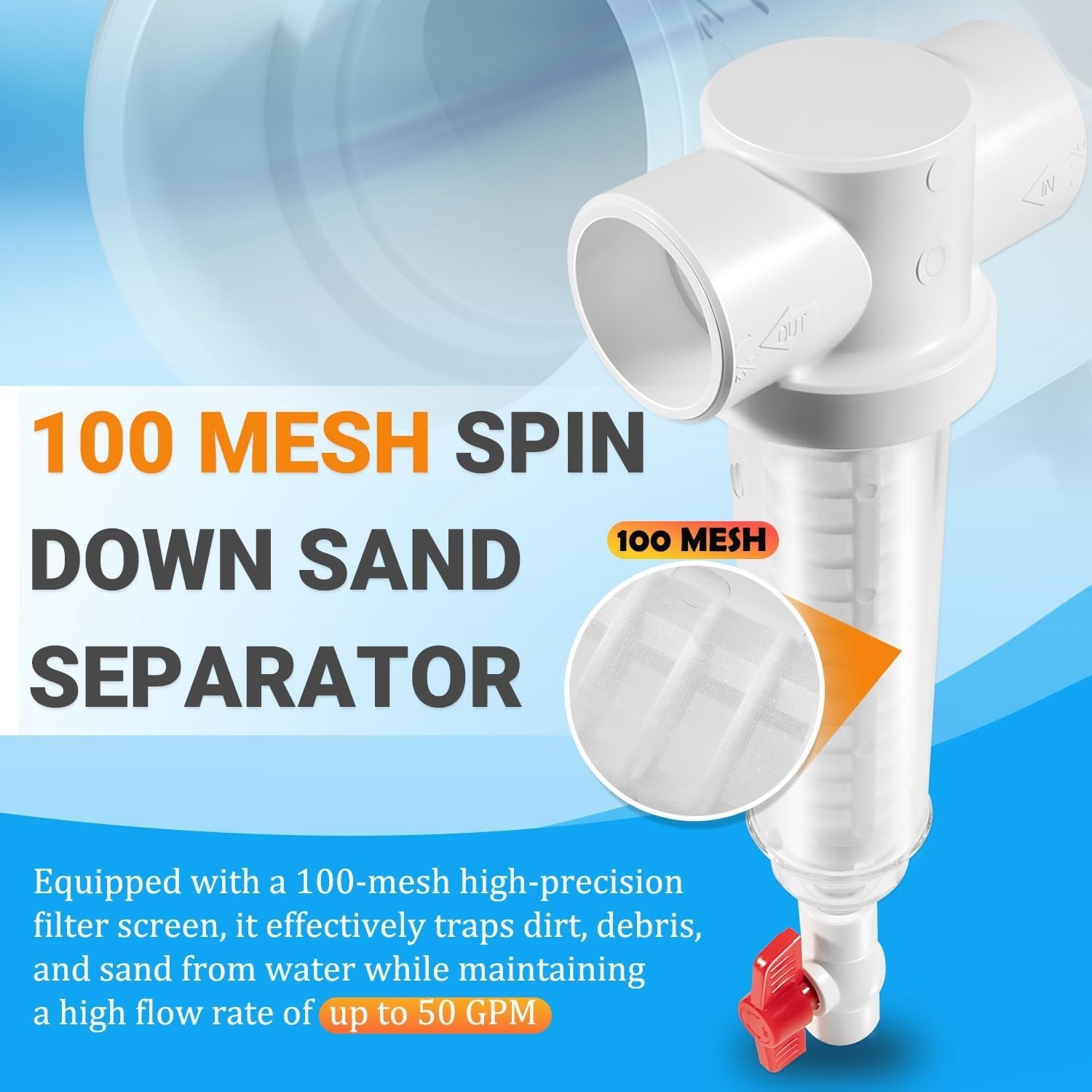 Spin Down Sand Separator 100 Mesh 1.5 Inch PVC Slip 50GPM for Well System Water