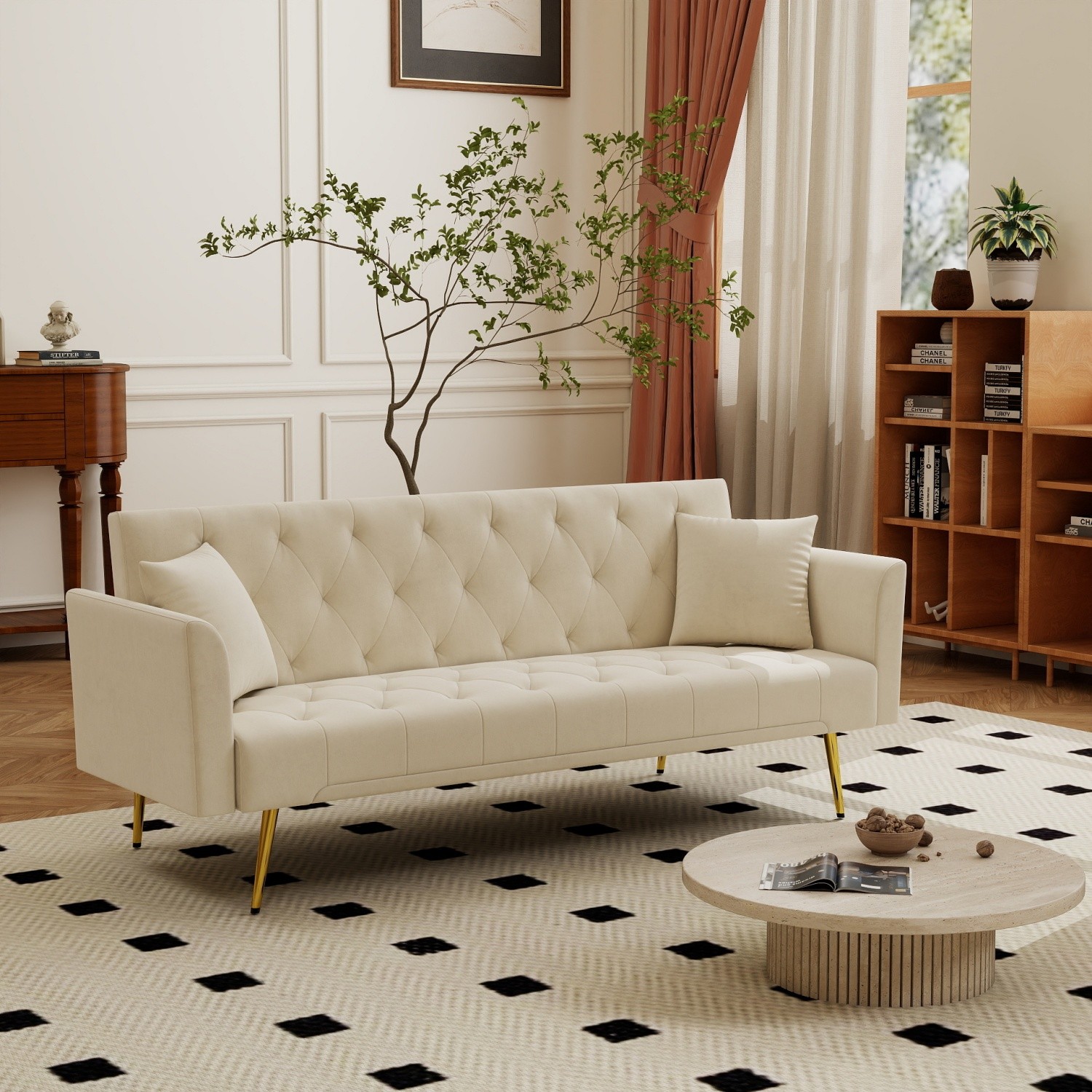 Modern Convertible Foldable Sleeper Sofa Velvet Loveseat Sofa Bed w/ Metal Legs