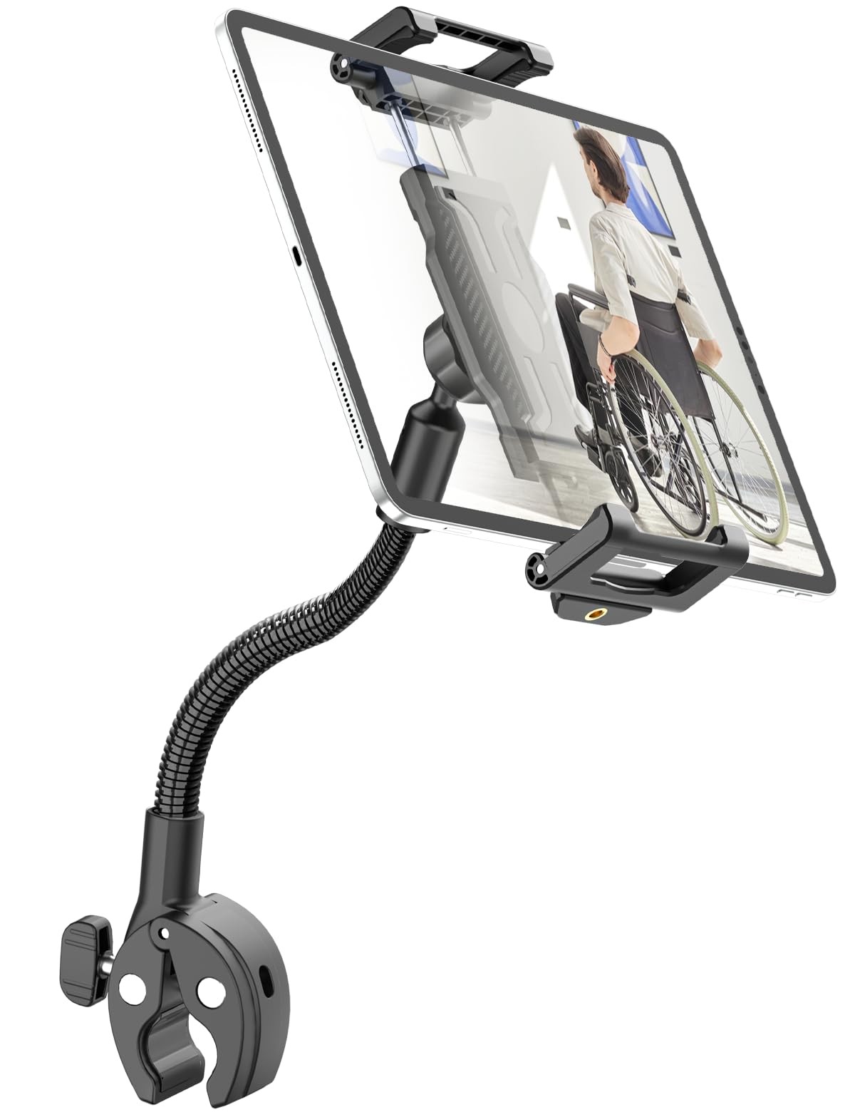 WISHCODE Gooseneck Tablet Holder Wheelchair & Hospital Bed, Clamps 0.55-1.77"