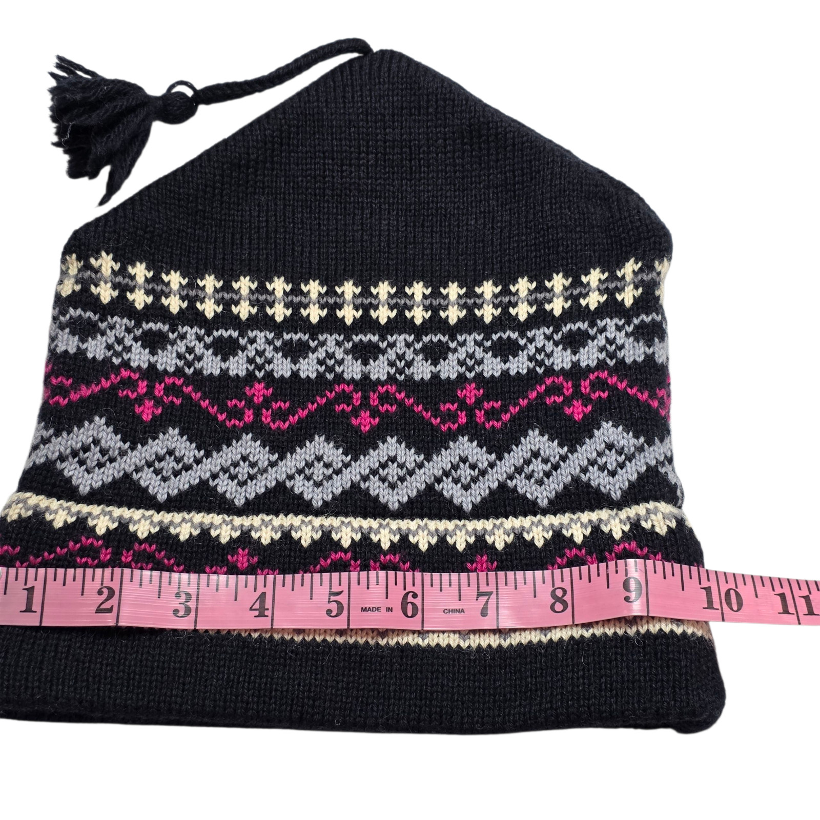 VTG Vermont Originals Wool Beanie Womens Black Knitted Paisley Peruvian Fringe