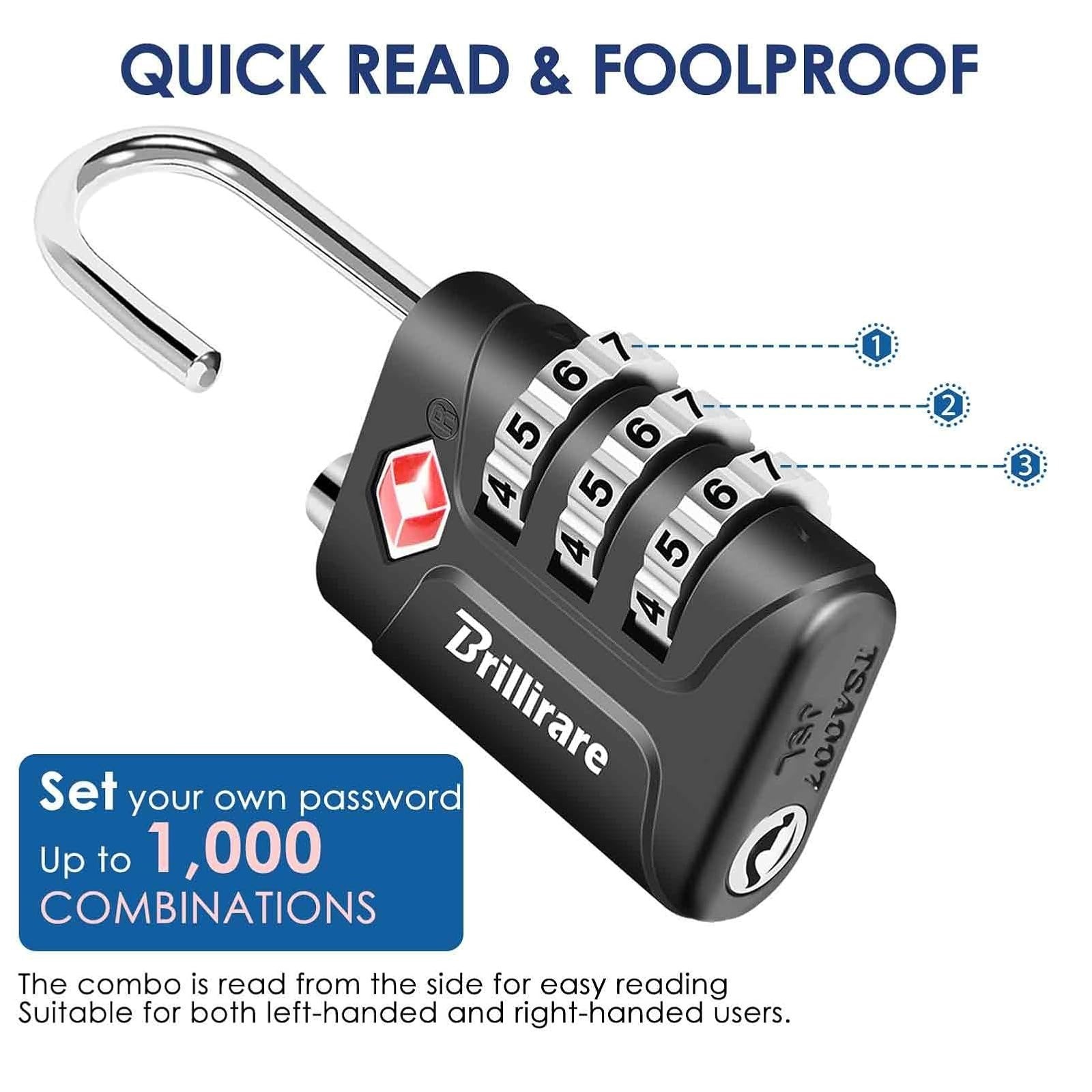 BRILLIRARE TSA Approved 4 Pack Combination Travel Padlocks - Black