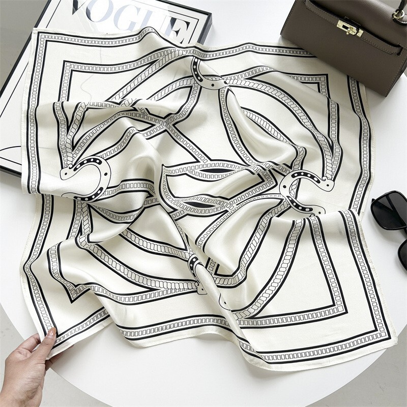 100% Mulberry Silk 26" Square Scarf Women Neckerchief Wrap White Black Geometric