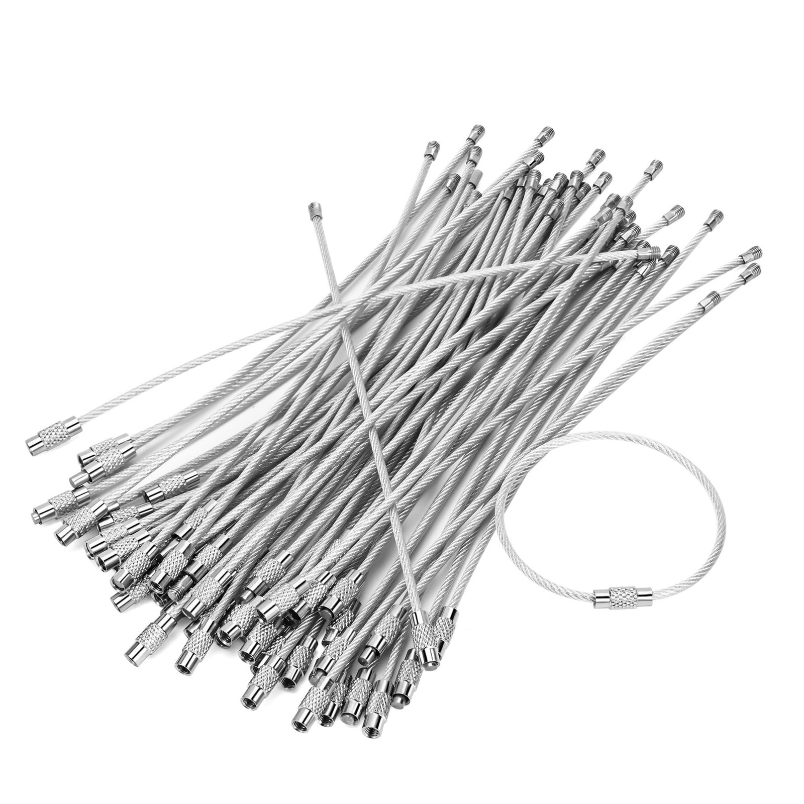 50 Pcs Wire Keychain Cable5.9 Inches Length Silver