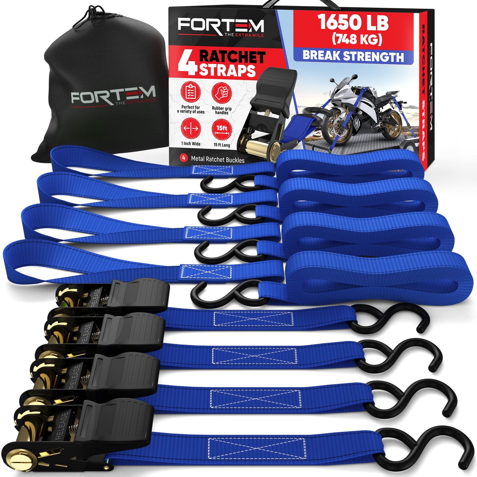 FORTEM Ratchet Straps, Tie Down Strap Set 1650lb Breaking Strength, Blue
