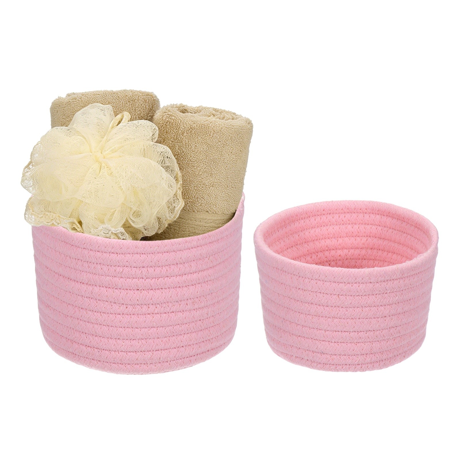 2Pcs Pink Small Cotton Rope Woven Storage Basket Round (2 Sizes)