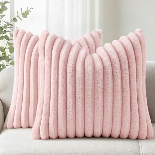 Faux Fur Couch Throw Pillow Covers 18x18 Set of 2, 18" x 18" (Pack of 2) Pink