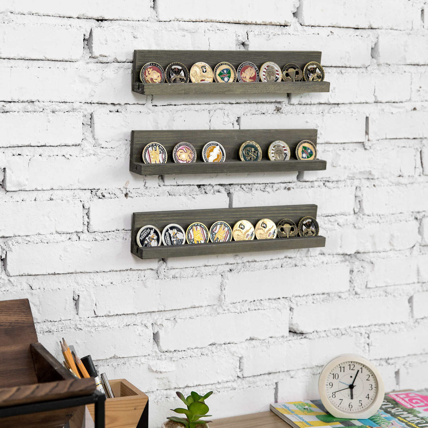 Wall Mounted Vintage Gray Wood Challenge Coin Holder Display Shelf, Set of 3