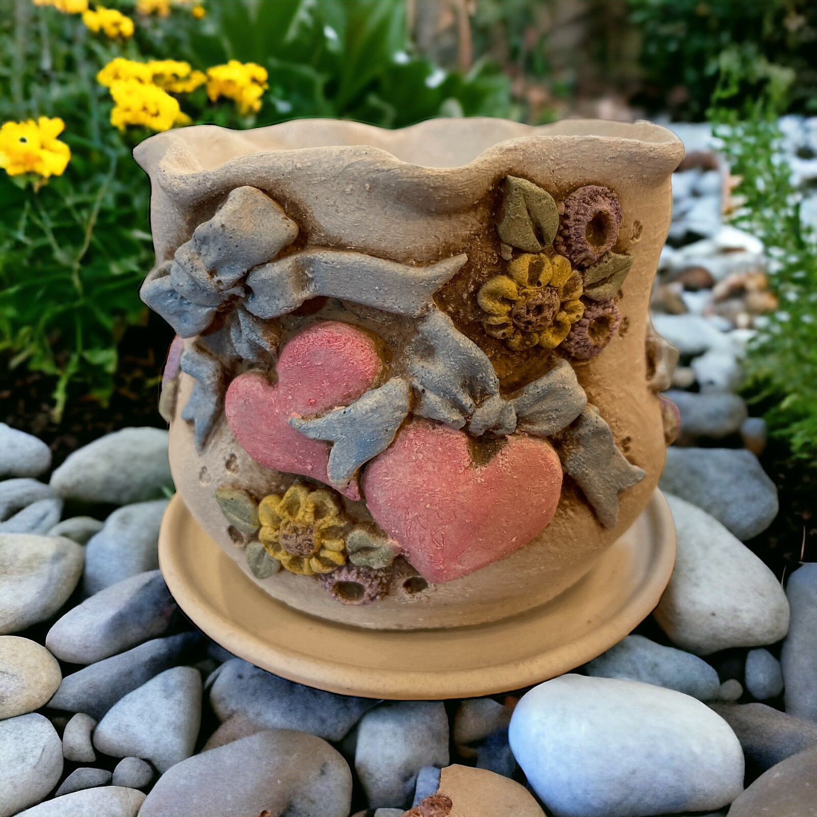 Heaven Hills Designs Of California Handcrafted 3D Heart Flowers Planter W Plate