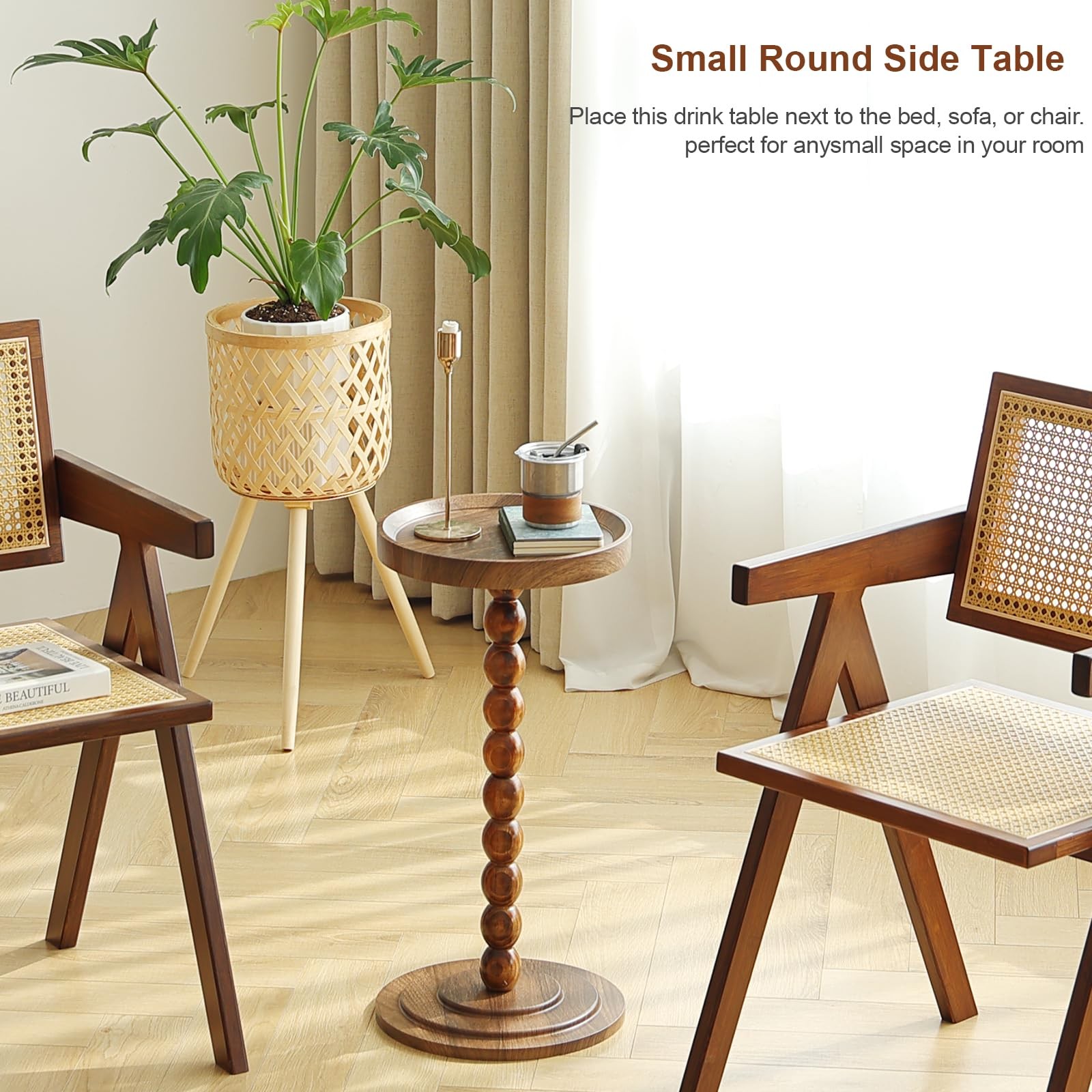 Small Drink Table, Round Drink Side Tables for Small Spaces, Wood Martini Tab...