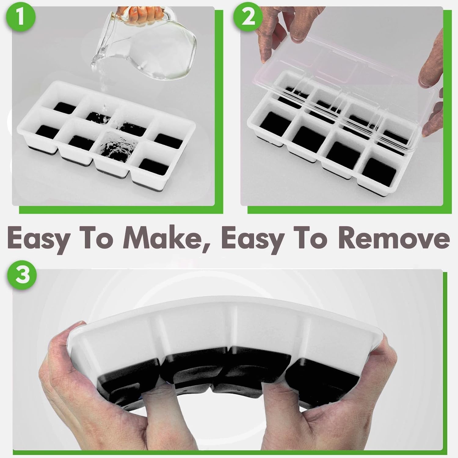 Large Ice Cube Trays with Lid, Jrisbo 2 Pack Stackable Silicone Ice Cube Molds f