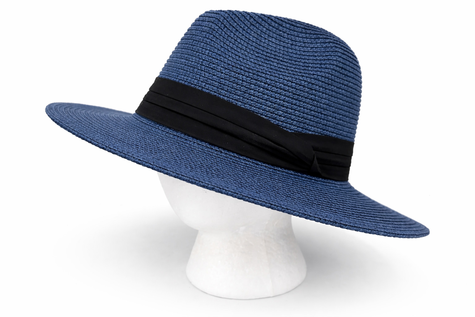 Chic Womens Blue Straw Fedora Hat Medium Black Grosgrain Band Wide Brim Summer