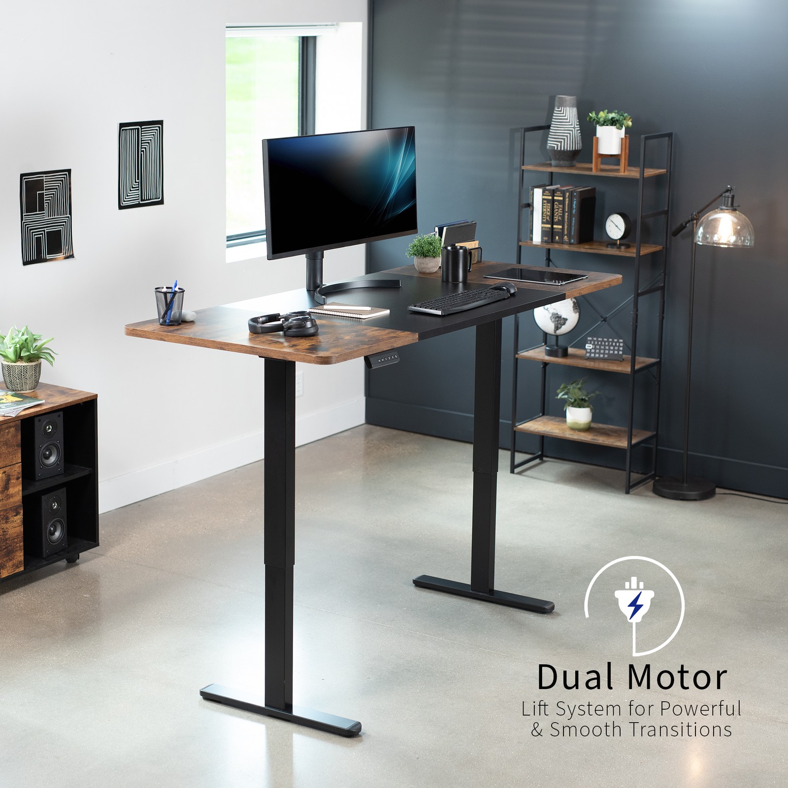 VIVO Electric Dual Motor 71” x 30” Desk, Black & Vintage Brown Top, Black Frame