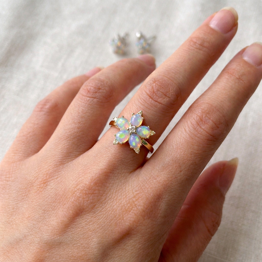 Ethiopian Opal Flower Ring 925 Sterling Silver Floral Opal Sympathy Ring for Her