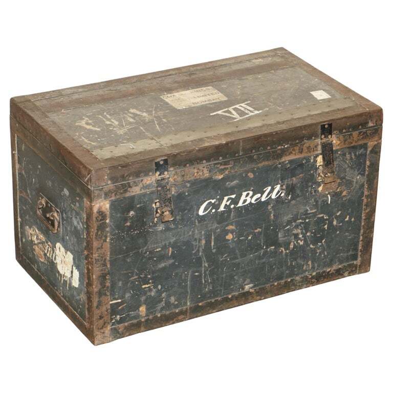 ORIGINAL ANTIQUE FULLY STAMPED ARMY & NAVY CLS STEAMER CAMPAIGN TRUNK ZINC LINED