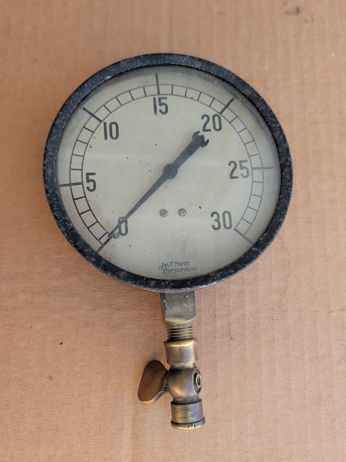 Vintage Jas P Marsh Steam Gauge 0-30 psi Brass Steampunk 5" Dia.