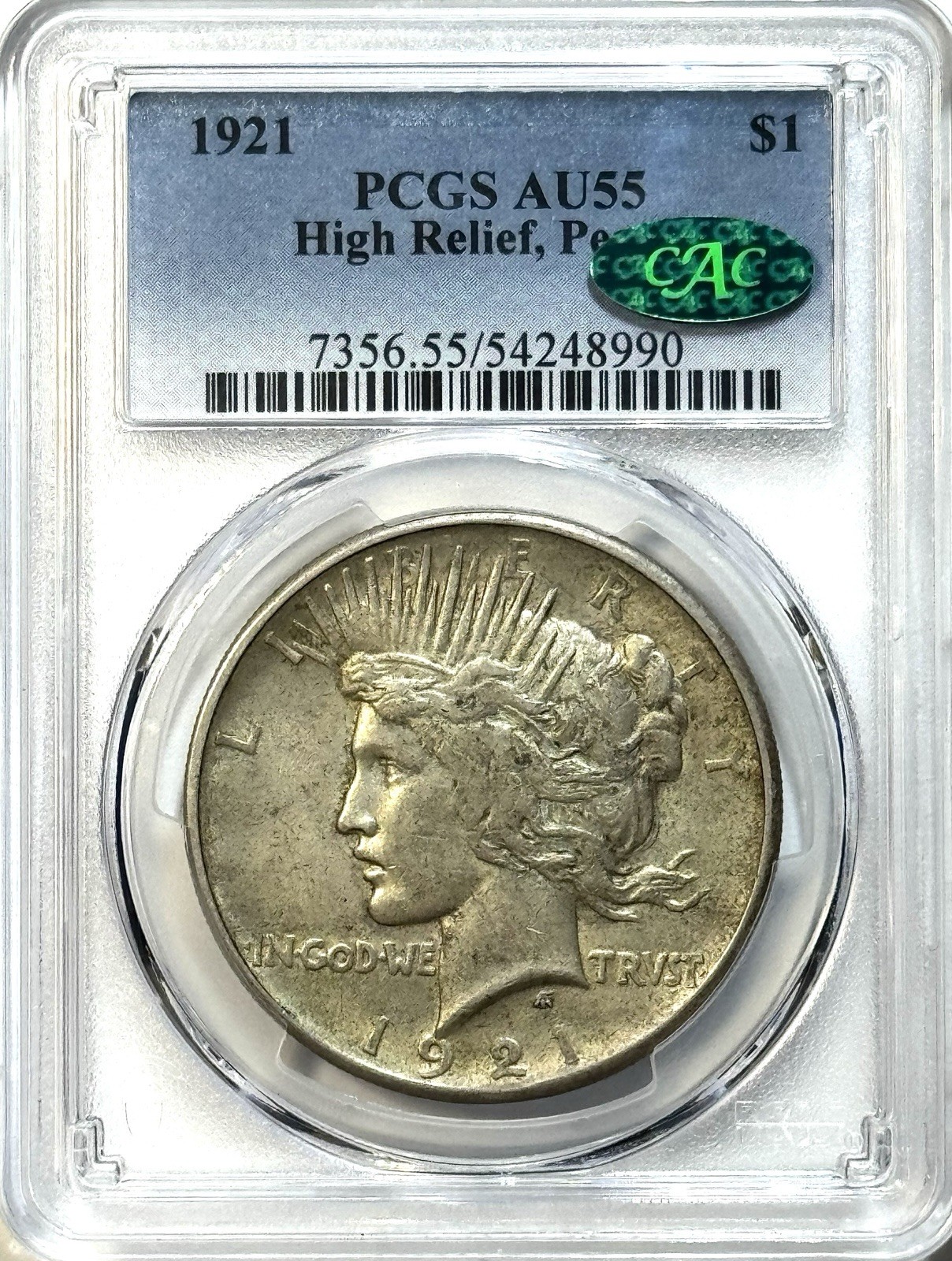 1921 High Relief Peace Dollar - PCGS AU55 CAC - Key Date Collector Coin