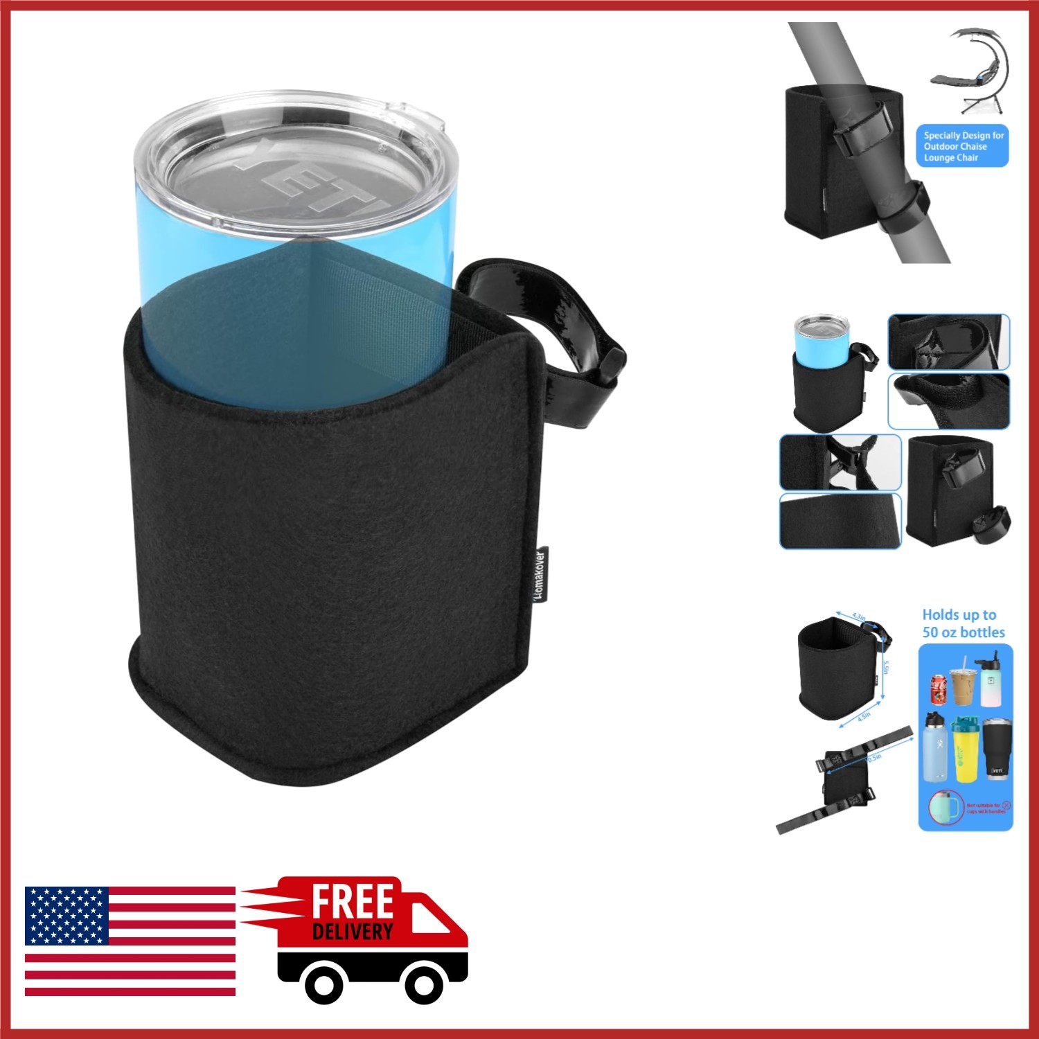 Cup Holder for Chaise Lounge Chair Black Adjustable Drink Holder for Outdoor