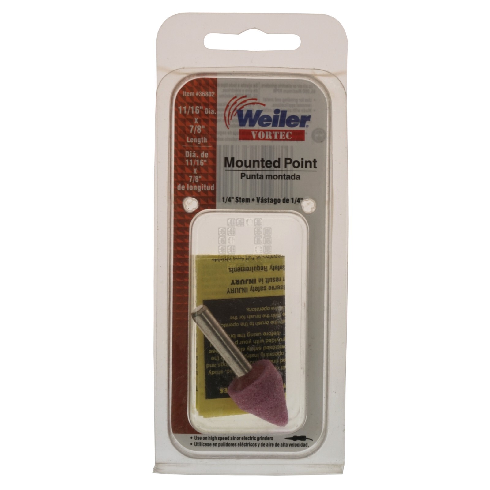 Weiler 36802 11/16" x 7/8" A14 Mounted Point Abrasive Wheel, 1/4" Straight Stem