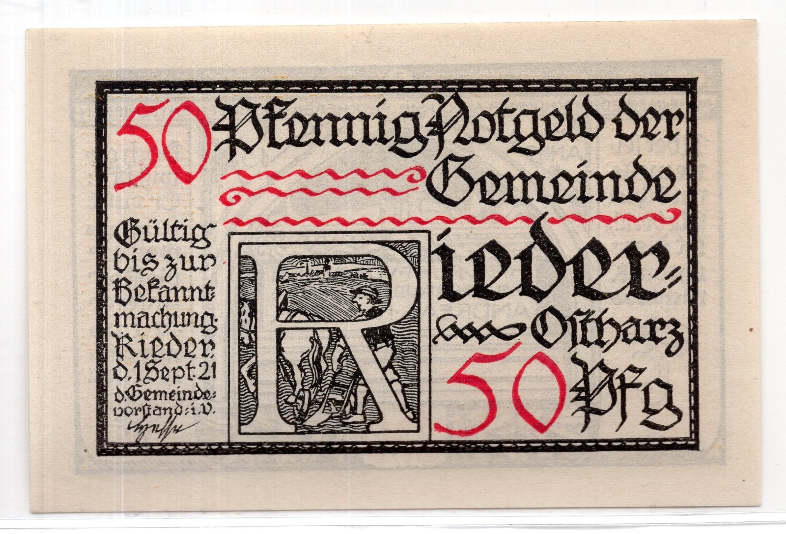 1921 Germany Rieder Notgeld 50 Pfennig Note (3448)