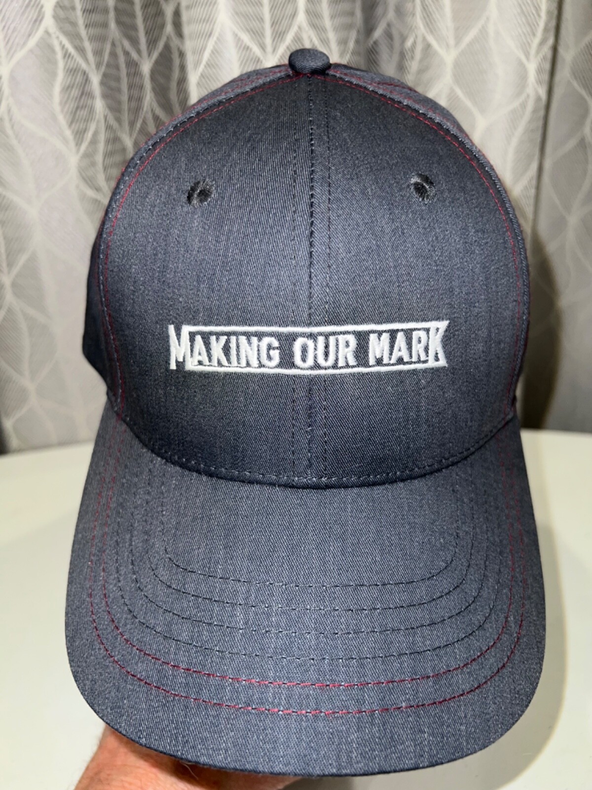Making Our Mark White Embroidered  Gray Cotton Hat Cap Hook Loop Adj EUC