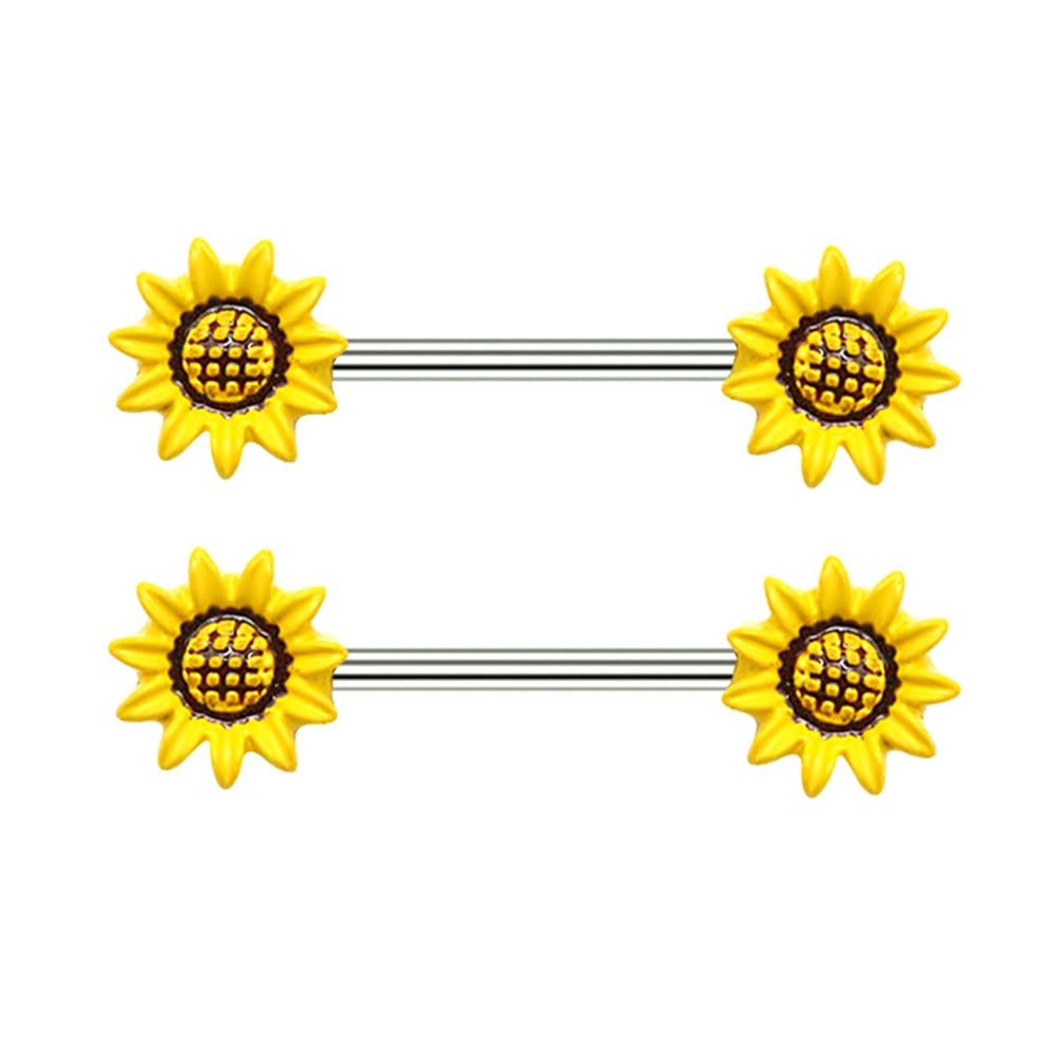14G Sunflower Nipple Rings Stainless Steel Yellow Flower Nipple Tongue Ring B...