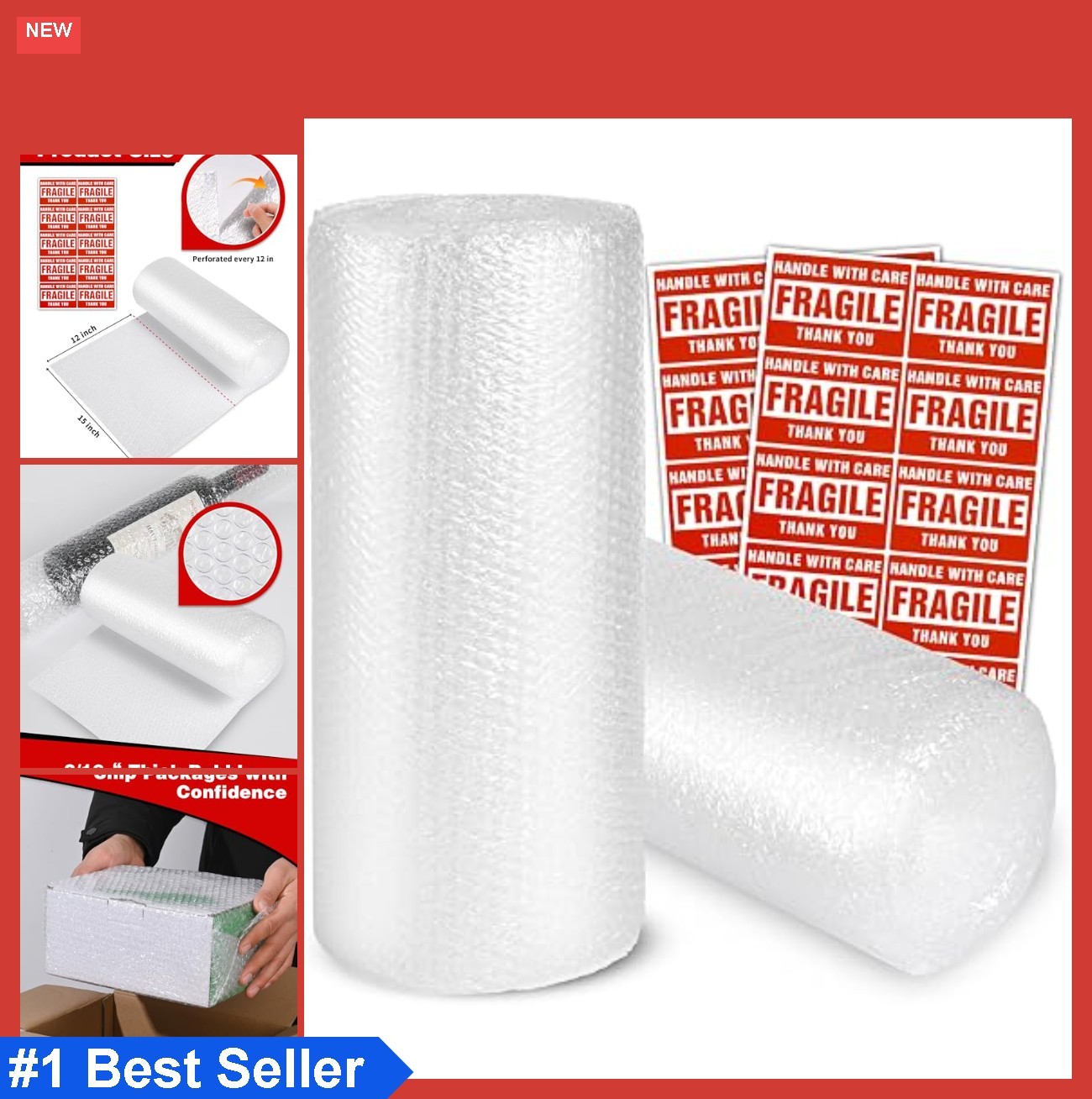 Bubble Cushioning Wrap Rolls 3/16 x 15 x 72 Feet Total Perforated 12 Inch 20