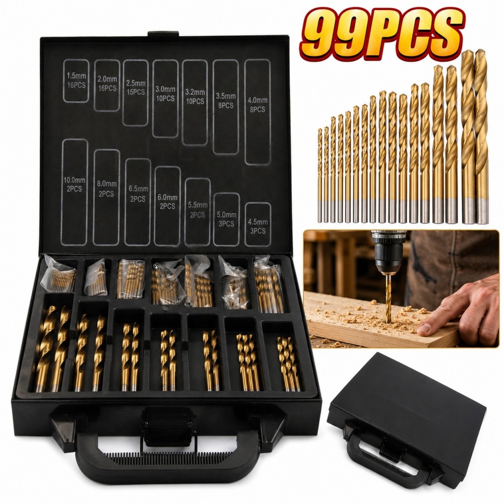 HSS Drill Bits Sets, 99 Pcs Metal Drill Bit Set Ti Coated HSS Drill Bit Set