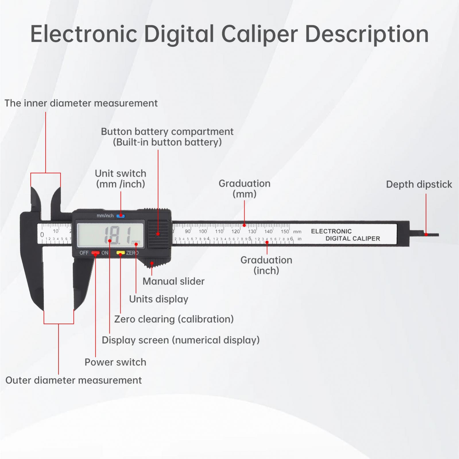 Digital Caliper LCD Screen Display 0-6 inch / 150 mm Electronic Measuring Tool