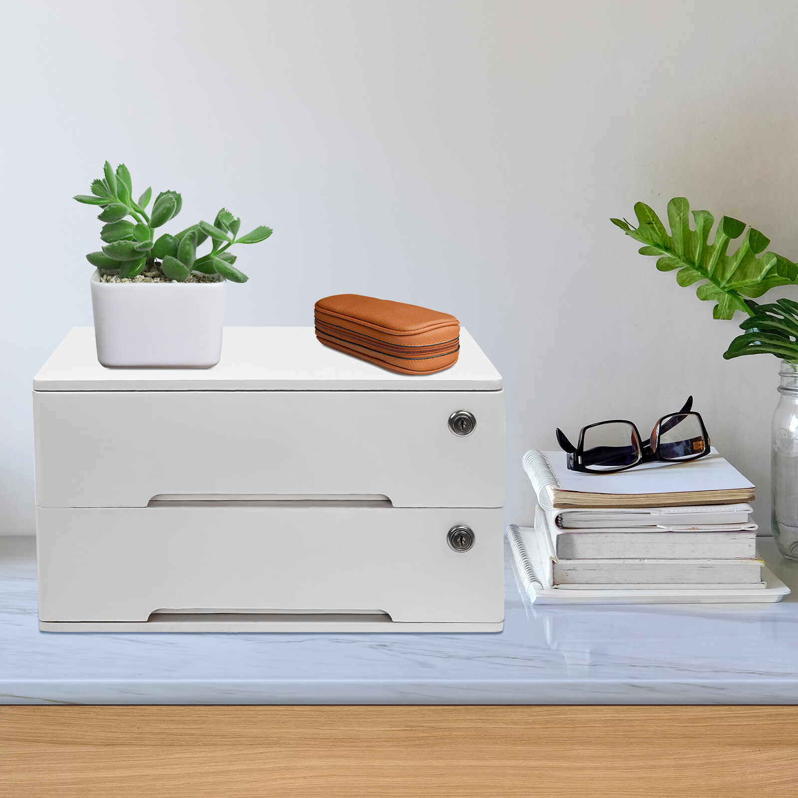 Compact Lockable 2-Drawer Wooden Desktop Storage Cabinet with Keys